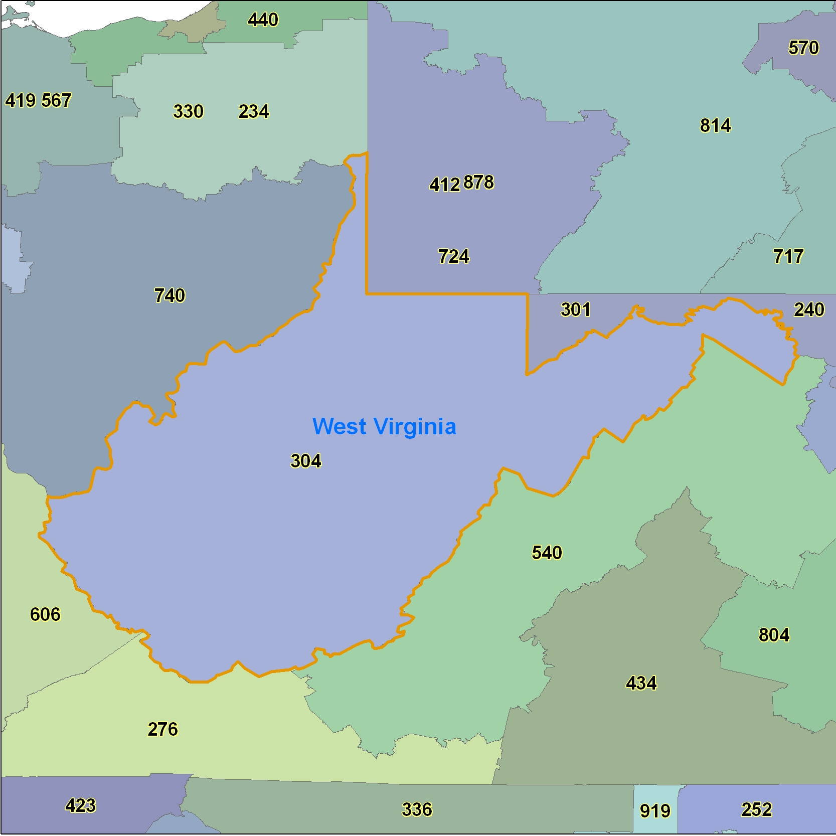 West Virginia (WV) Area Code Map